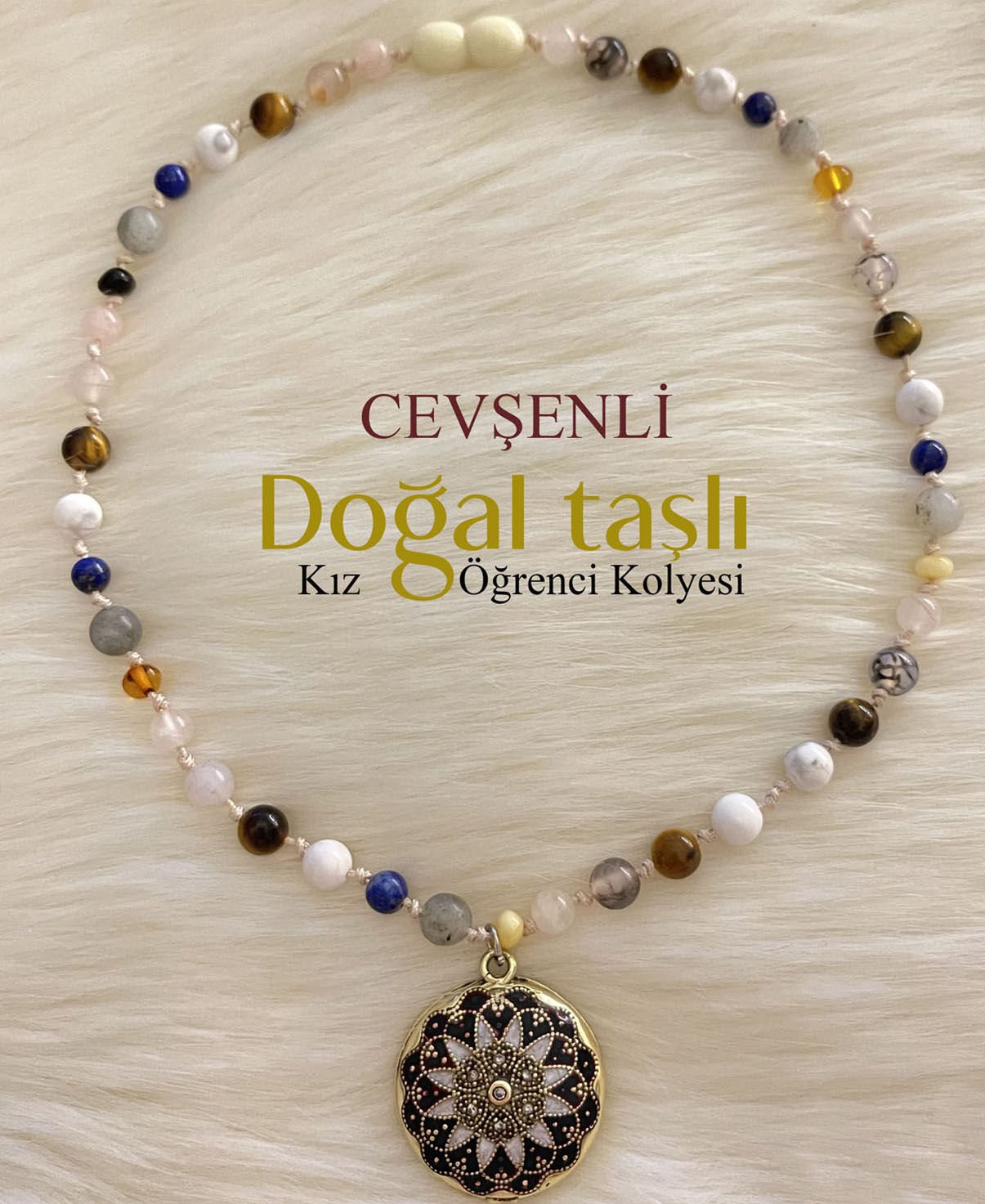 siyah  mineli kız doğal taşlı öğrenci kolyesi